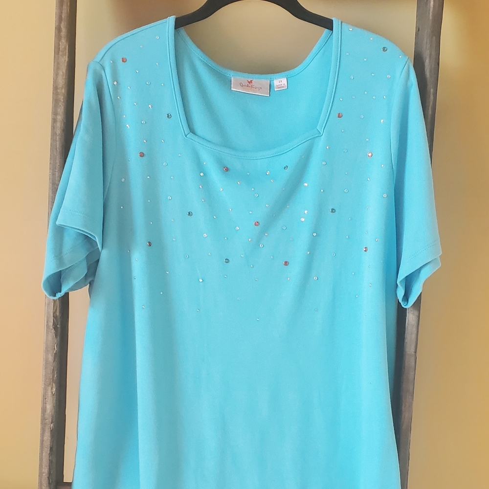 Quacker Factory Sky Blue Tee with Embellishments 2X